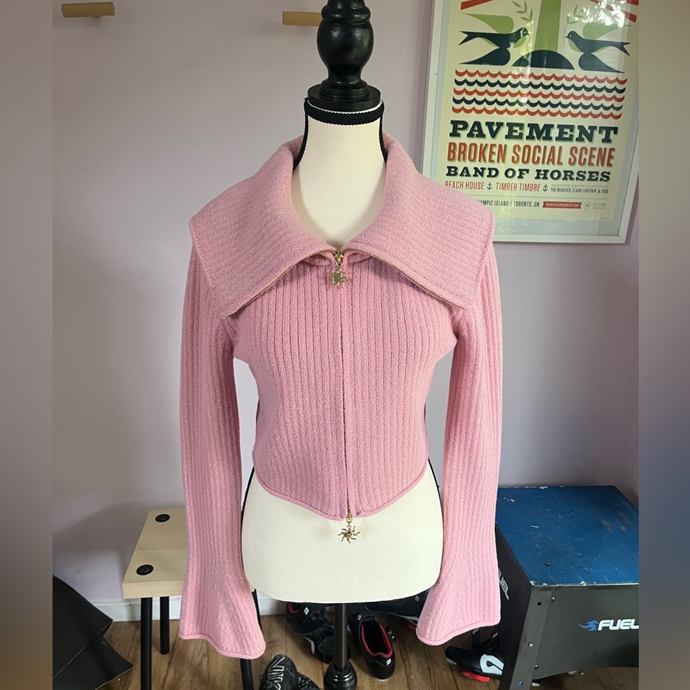 House of Sunny Pink Ribbed Knit Semi-Crop Cardigan